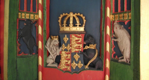 Photo of the Royal Arms in the 15th century pulpit, in the Church of St Mary and All Saints, Fotheringhay. Photo Credit K P Lewis