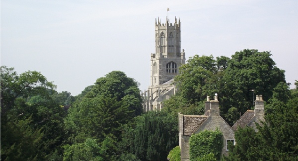 View of St Mary and All Saints, Fotheringhay, from the Castle Mound, to the east of the church. Photo Credit K P Lewis