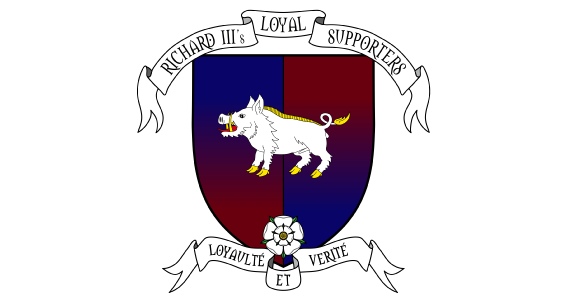 Badge of the Richard III's Loyal Supporters' Society. A white boar upon a shield, quartered with murrey and blue. Below the shield a banner with the motto Loyaulté et Verité (Loyalty and Truth) and a white rose of York. Image copyright R3LS